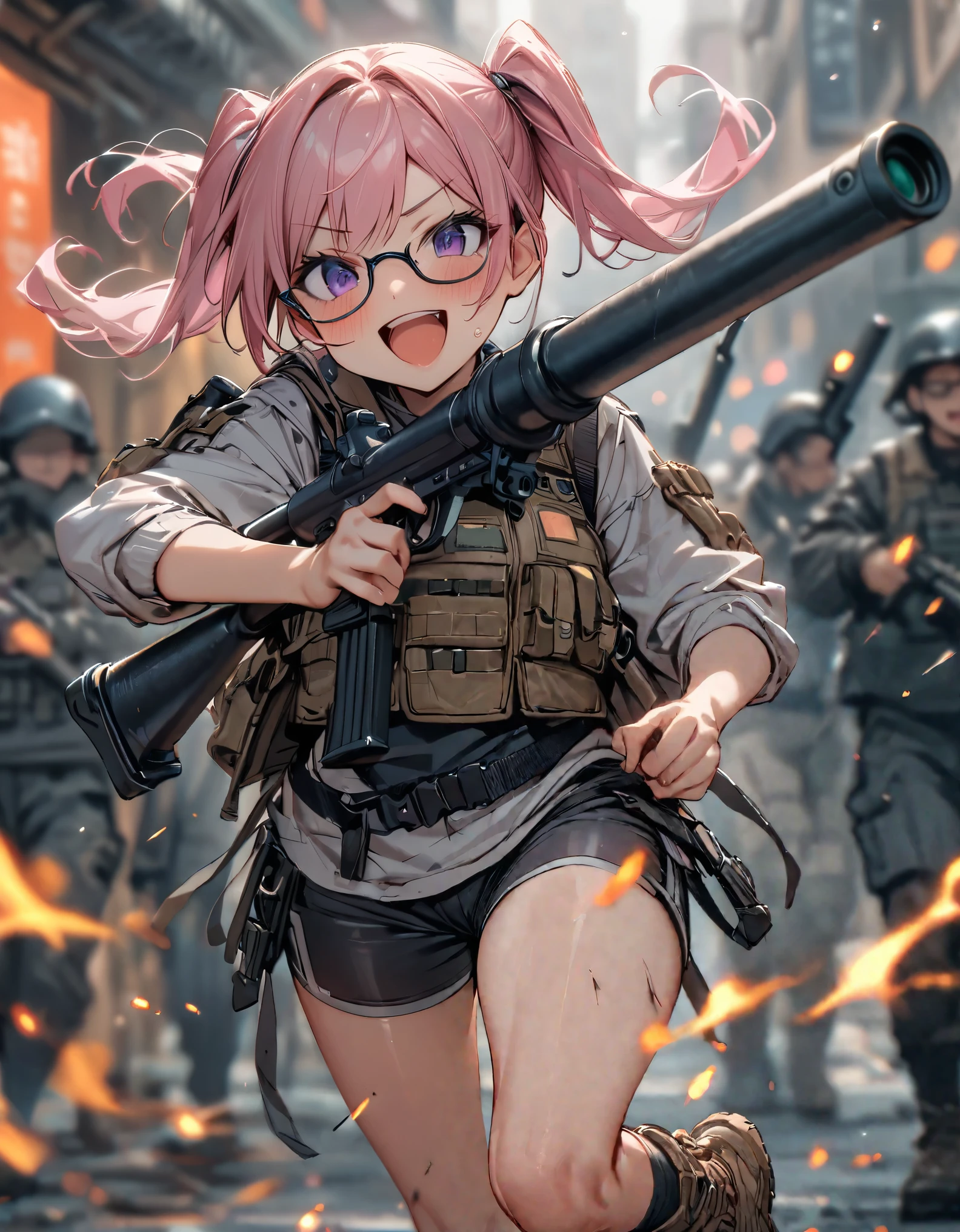 masterpiece, best quality, highres, 1girl, solo, solo focus, hoodie, biker shorts, assault vest, black socks, combat boots, (using weapon, bazooka), open mouth, wacky face, smile, :d, (pink hair, dark purple eyes, twintails, glasses)