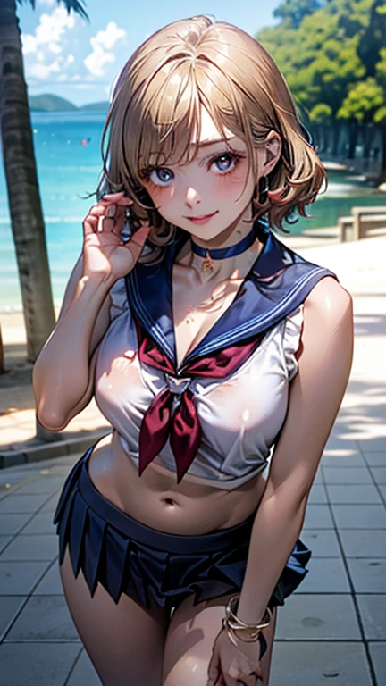 (masterpiece:1.2, highest quality), Very detailed, (Realistic, photoRealistic:1.4), Beautiful illustrations, (Natural Side Lighting, Cinema Lighting), Depth of written boundary,
Beautiful Hair, Beautiful Face, Beautiful fine details, Beautiful clavicle, Beautiful body, Beautiful , Beautiful thighs, Beautiful feet, Beautiful fingers, Thin perfect style, Toned Abs、belly buttonピView your viewers, 1 girl, Japanese, Idol Sculpture, high school girl, Perfect Face, Cute and symmetrical face,
(short hair, Blonde), blue eyes, Realistic pupils, Long Eyelashes, (Large Breasts, Thslim thighs), Sunburn, Glowing Skin, Accentuate your cleavage,
((Sleevvy sailor shirt, Open Front, belly button, Navy sheer micro mskirt, Red Sailor Scarf), choker, Wrist Chakra, hair band), Pink string panties、
(Beautiful views), Trbeach, (Various sexy poses), (Cute smile, Upward glan,