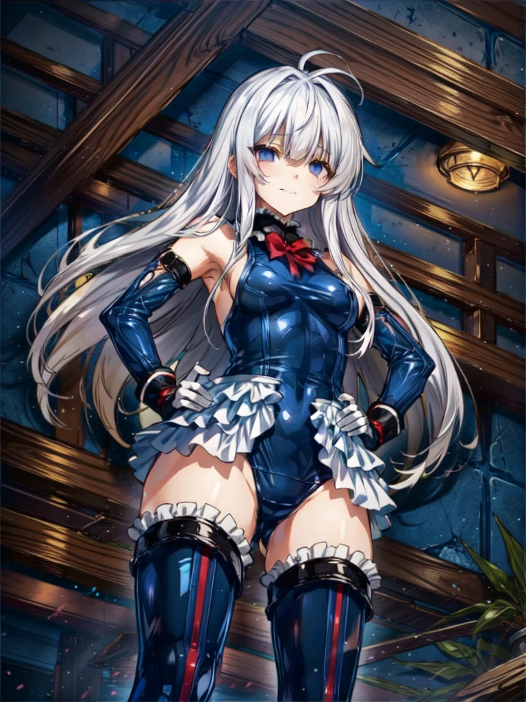 perfect anatomy, highest quality, rose,evil smile,provocative attitude
,(Young　Girls greet dawn on top of a pile of rubble:1.1),evil smile,anime style,(white ruffle swimsuit, Thighhighs, removed sleeve), (anime style:1.4) ,
silver hair,(white fingers:1.1,black gloves),very long hair,evil aura,(from below),put both hands on hips,hypnoLora、
empty eyes
