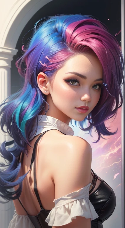 celebrity photo, brut, belle femme, ((portrait)), ((detailed face, colorful rainbow hair:1.2)), ((detailed facial feature, detailed skin, peau propre, parted lips), (corps parfaitement proportionné, seins moyens, side boobs), (revealing clothes), Armure d&#39;épaule, bondage en velour, Jupe en cuir, Brassards, armored waders, pointes: 1.5)), (high detailed garden environment, his side for us, side view, regarder le spectateur: 1.3), (Realistic photo, Best quality, detailed), 