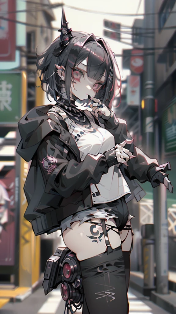 straight long glowing pink haired, Punk Girl, Without mohawk sleeves, The tattoo, head phone, 🎧, goth_punk, 1girl in, solo, medium shot, Walking in Harajuku, ((during night)), bokeh dof, Neon light, Iridescent eyes, gray eyes, red glowing hair, Black eyebrows, Radiant hair, (iridescent red hair), lots of earrings, labret, facial piercings, bangs, jewelry, masks, blunt bangs, Mouth mask, blurry background, blurry, hair adornments, Look at viewers, short hair, portraitures, side look, goth, (masterpiece), (Portrait), (Aesthetic), (Beautiful), (upper body), (High quality), (aesthetic clothings), (professional angle), (thirds rule), (Feminine), (Woman), (Female), (Beautiful), (Feminine features), (25-years old), Solo, 1 woman, (Charming punk girl), Dramatic light, ((Playing guitar)), (Standing), Edgy makeup, (huge breasts), (Front face), (Defiant expression), ((defiance)), (Leather jackets and tattoos), ((Short hair)), (dyed (E.G. and pinks) hair), (spiky hair), (Thick hair), matte Shine Hair, (Hair bands scattered in the hair), (gray eyes), (Bold and bold look), (pale skin), (Dark clothes), (Band T-shirt), (Ripped jeans), (-), crew neckline), ((Urban alley background)), (up close shot), Beautiful hands, Two hands, normal hands, Two arms, complete hands, Beautiful body, Beautiful fingers, normal fingers, Five Fingers, Five Fingers, (Thumb index finger ring finger), Beautiful ears, normal ears, Beautiful eyes, shiny eyes, Beautiful mouth, Beautiful lips,
