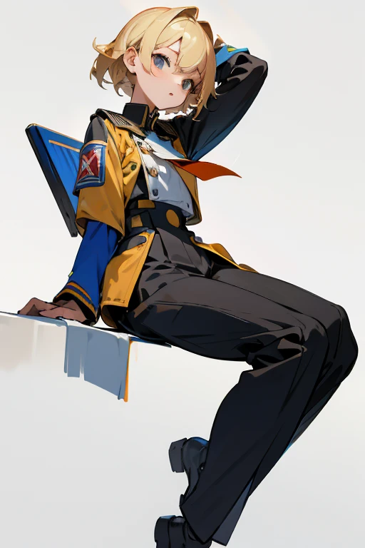 solo, front, whole body, uniform, student, ((juvenile)), Blonde, Simple Background
