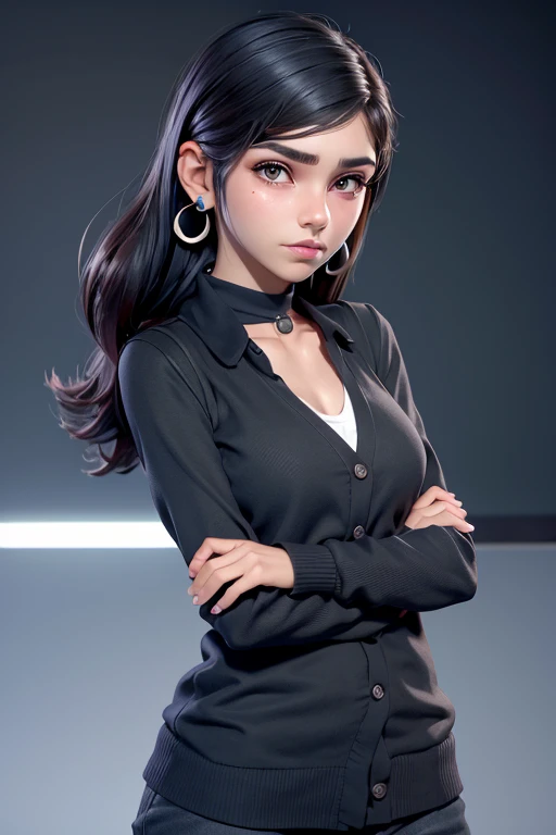 mejor calidad, ..trabajo de renderizado 3D, ..estilo 3DMM, de cerca, Portrcomert, ....。.3D, 1 chica, solo, Black hcomerr, teardropshaped earrings, looking at the camera, frente, realista, parte superior del cuerpo , posando en un, fondo sencillo, golpes, mira hacia otro lado, Long strcomerght black hcomerr, labio entreabierto, collar de gargantilla, constituir , blando, green cardigan, ojos verdes, Tifa Lockhart, (small breasts: 1.1) referencia: https://imagen9.CDN.Arte Marino.。.comer/2023-08-04/52449297297477/C9E0706CFFA353936C45F41FEF45E6C4F2A12E7C..png