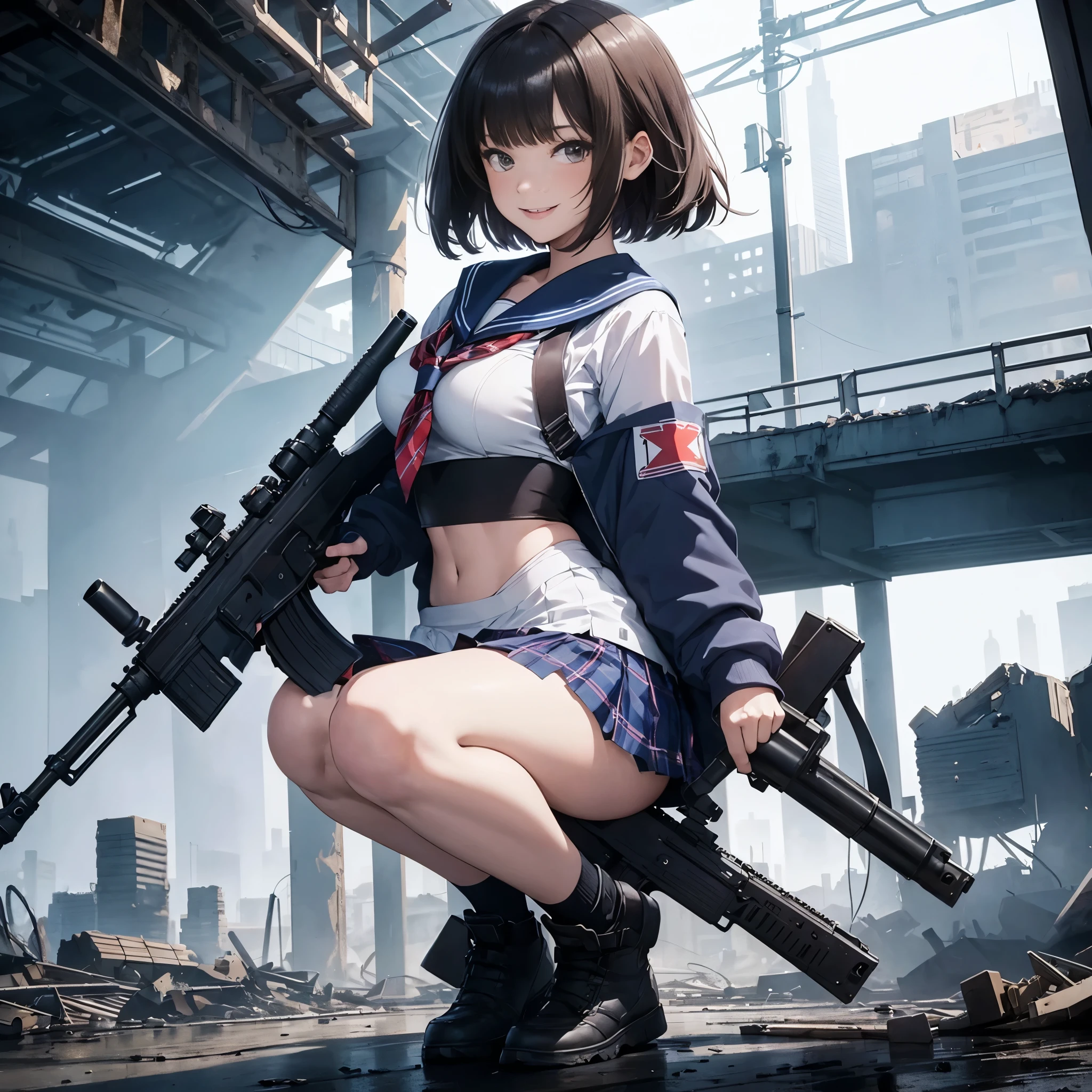 masterpiece, high quality, feel ill, Cinema Lighting, Front camera angle, A ruined metropolis, A high school girl standing on the ground holding an assault rifle (M16), beautiful girl, Invincible Smile, Good style , short hair, Cleavage, Short sailor suit, Tartan mini skirt, Dynamic pose,