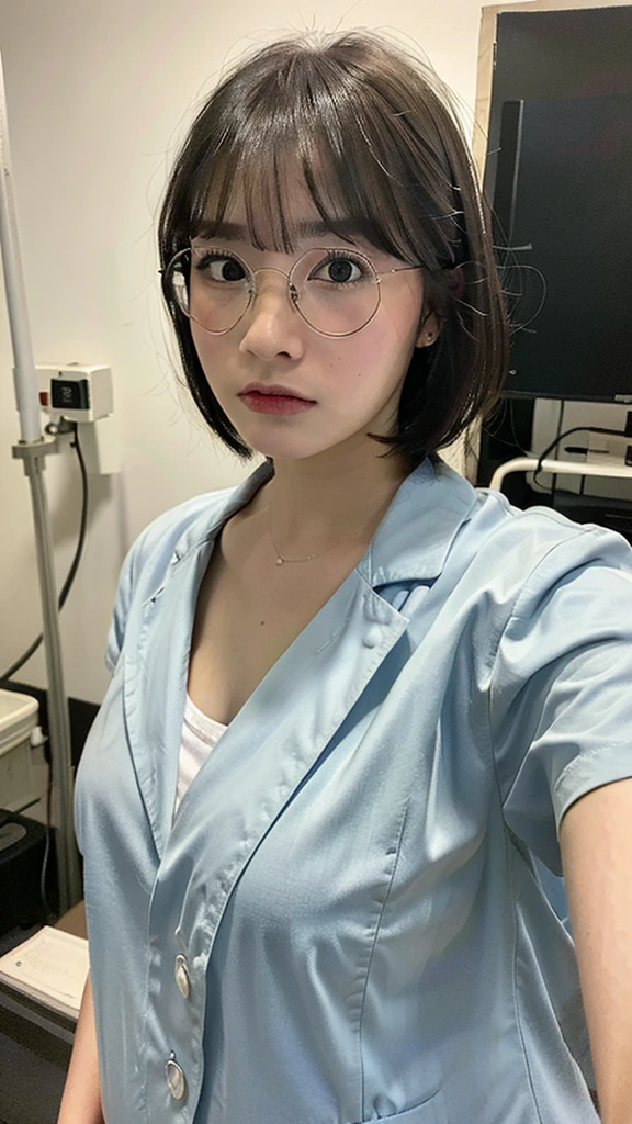 ((Best quality, 8k, 4k, hospital, sfw, Masterpiece :1.3)), 1girl, Pretty young mom with big belly :1.3, (Medium-short hair, huge breasts, fat curvy body :1.2), sweaty :1.1, Ultra-detailed face, Detailed eyes, Double eyelid, palm skin, hyper pregnant, doctor uniform, (detailed doctor uniform, detailed skin, detailed face, high resolution, masterpiece, perfect lighting), bloom, cinematic lighting, perfect skin, female, looking at viewer, cowboy shot, (RSEEmma:1.5), (CWT, round eyeglass, thick eyebrows, parted bangs, freckles), angry face, freya jayawardana