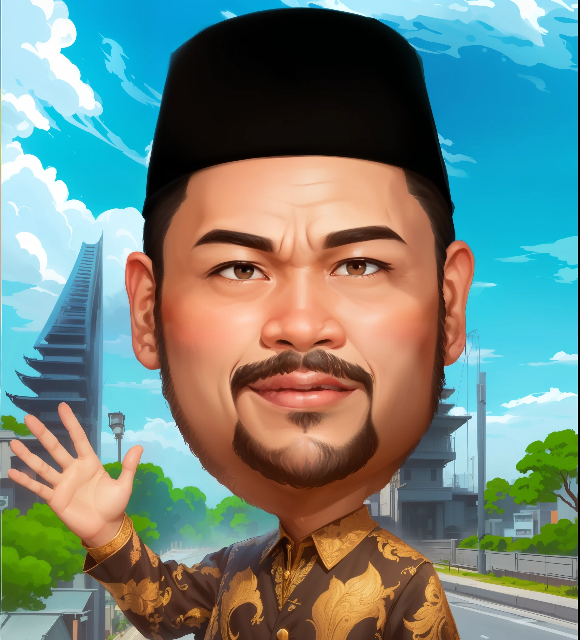 a cartoon of a man with a beard and a hat waving, caricature illustration, caricature style, cartoon portrait, cartoon artstyle, inspired by Basuki Abdullah, digital art cartoon, cartoon digital painting, cartoon digital art, inspired by Abidin Dino, caricature, realism artstyle, south east asian with round face, in cartoon style, by Abidin Dino, ismail