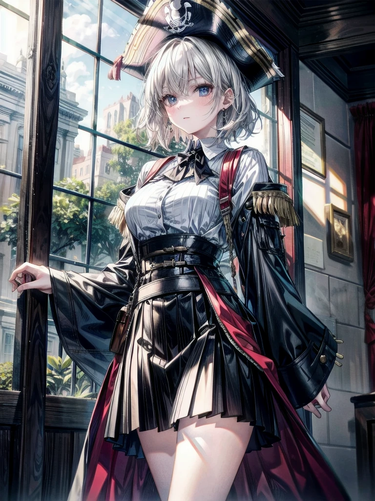 absurdres, RAW photo, extremely delicate and beautiful, masterpiece, Best Quality, ultra high resolution, 32k, hyperrealistic, ultra-detailed, detailed description, pale skin, 20 years old, tearful mole, earring, Colossal tits, short medium hair, wavy hair, cowboy shot, Practical pirate clothing, Long-sleeved pirate top, Skirt,