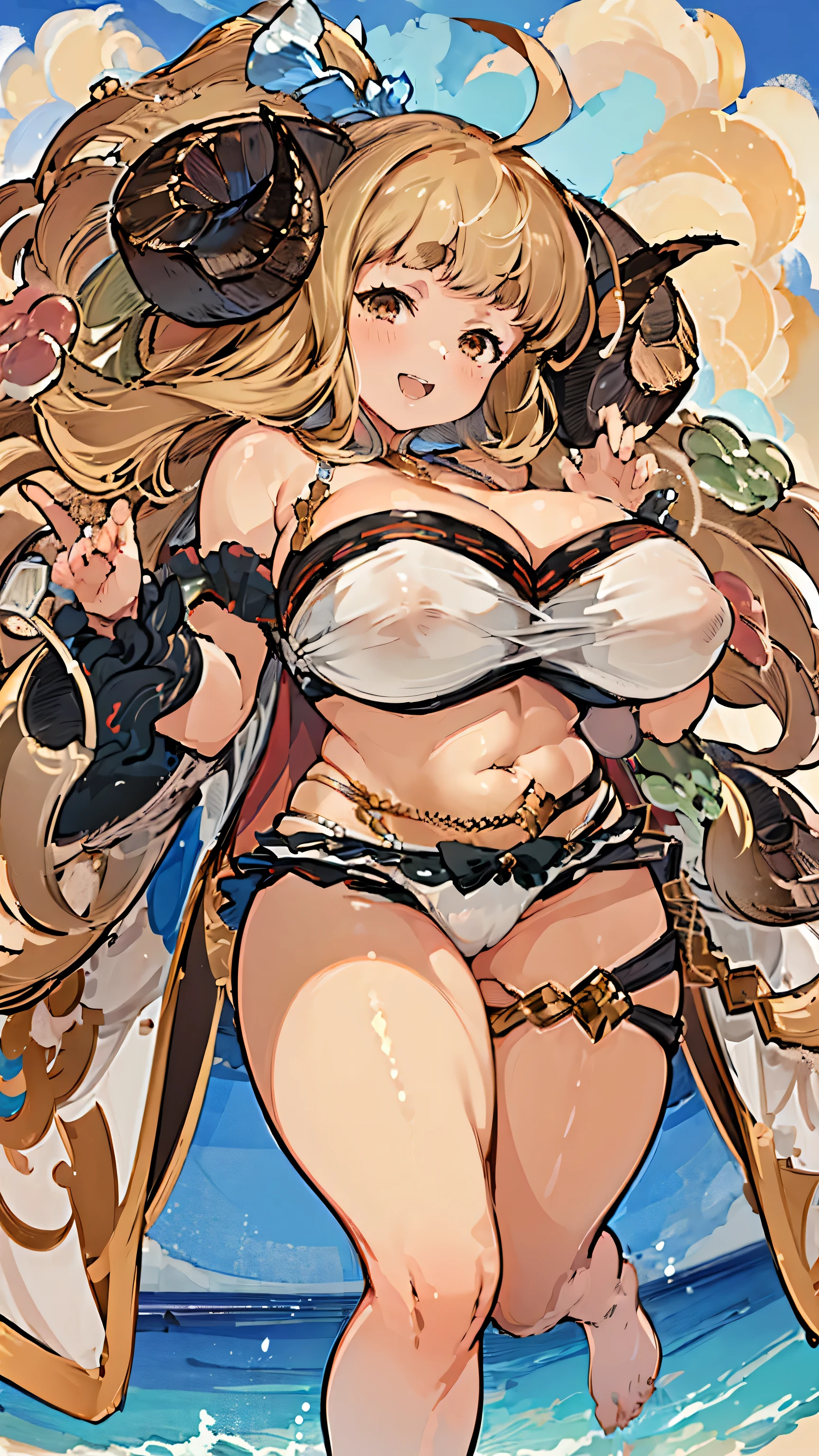 ((highest quality, 8K, masterpiece :1.3)),Ultra detailed face, 1 adult female,Anila,GRANBLUE FANTASY,Voluptuous body,Large Breasts,NSFW,Leg spread,Sexy pose,laughing,low length,Big Ass,Perfect Five Fingers,Perfect body,Swimwear