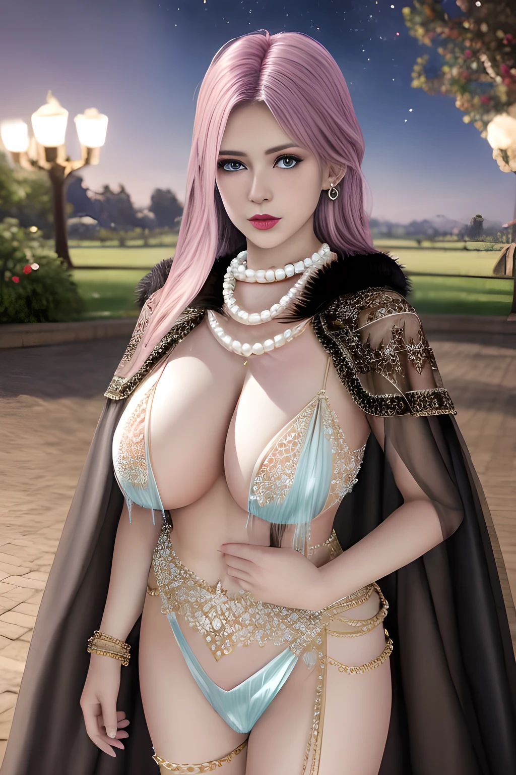 1 girl,(Wearing Ice-crystal embellished dress:1.2) ,(Wearing Jewel:1.2) ,( lace_cloak:1.3),(Fluffs ),(pearl bodychain:1.3),mesh pantyhose,outdoor,elegant,nighttime,moonlighe,shiny skin,( huge breasts), lip gloss,tattoos, masterpiece, best quality, realistic ,Surrealism,natural colors art in 8k,soft shadows,High-definition RAW color photos professional portrait photos,solo, elise,