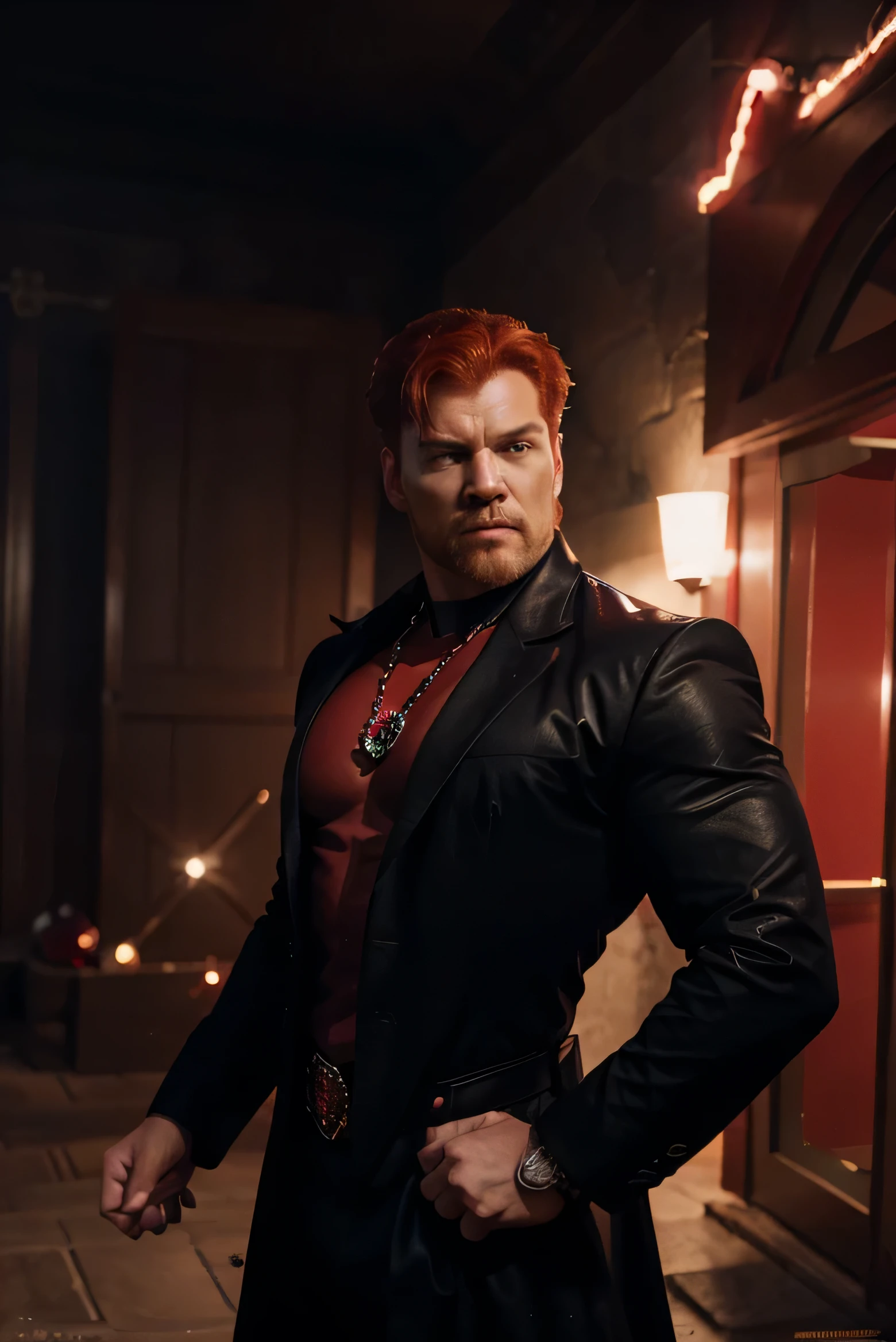 Create a poster of a handsome strongman superhero with a red crystal on his chest, red-haired strong superhero with scarlet diamond powers wearing a black shirt and a scarlet red overcoat with large pointy red crystals coming out of his back