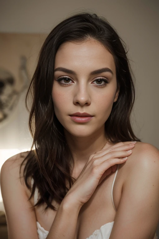 a woman, 25ear old, delicate, poudre de contour, sexy, cheveux de longueur moyenne, cheveux bruns, skin details, pores de la peau, éclairé par les flashs des photographes, posing, photoshoot, strong light, next to a skeleton