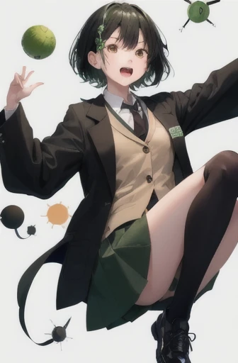 1girl, , green and black hair, medium length, science lab coat, chemistry lab, Japanese school, shiny black shoes, open mouth, sharp teeth,