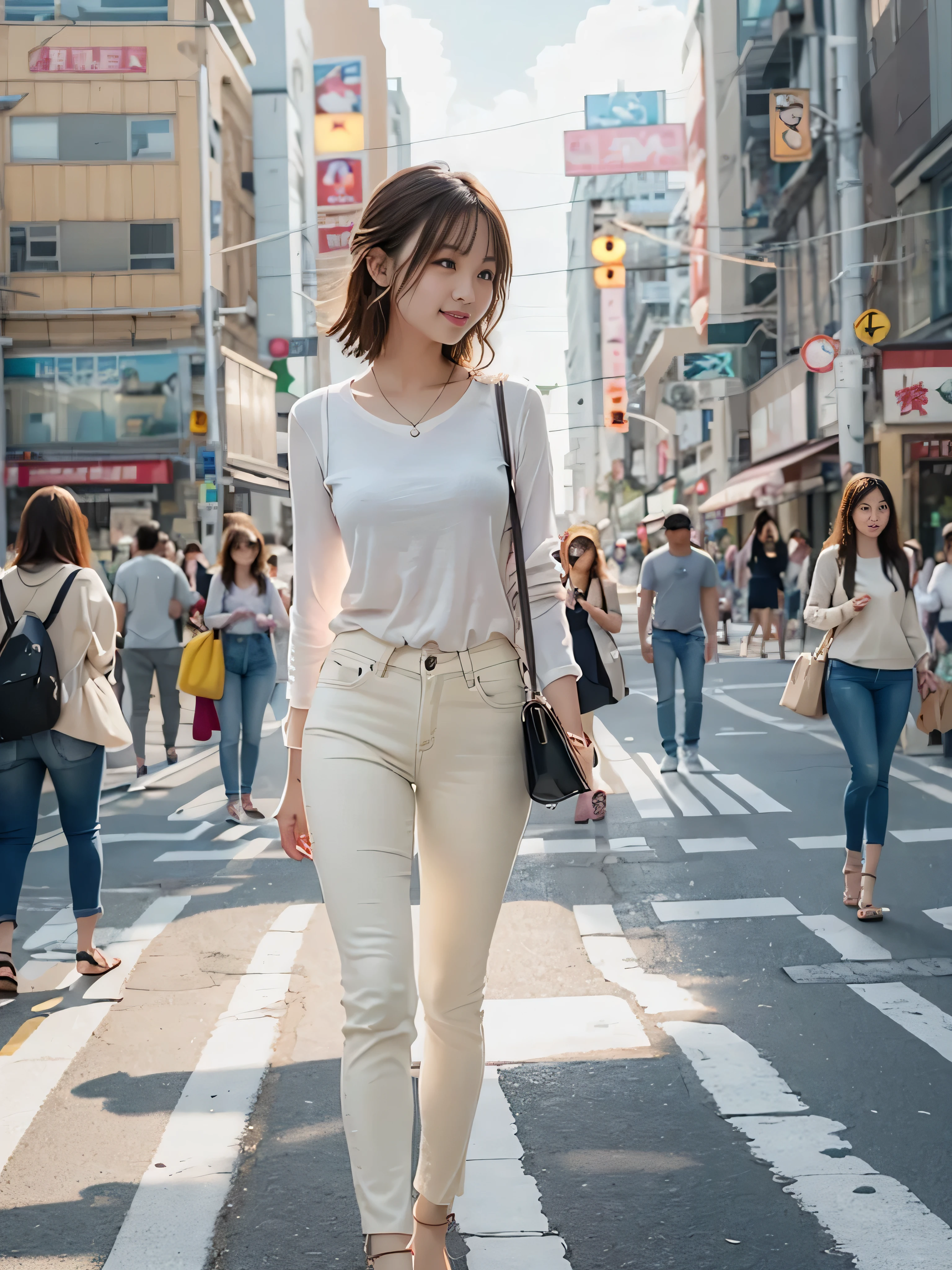 ((Realistic、highest quality、Natural light on a sunny day、Clear focus))、With a girl、Perfect figure、Narrow waist、Black Hair、Layered Cut、Pink long sleeve buttoned shirt and white tank top、High heel sandals、America's bustling city streets、Blur the background、 high school studCommuting、Luxury brand bags、(Exquisite face、Big blue eyes、double eyelid、The most beautiful woman、Exquisite face)、Sexy、smile、Hilarious、Long legs、Soft denim、Pichi Pichi Skinny、Beautiful ass、Long limbs、protruding round buttocks、walk、((White tight pants、White Denim Skinny、Low rise、Natural gait)), Cowboy Shot,