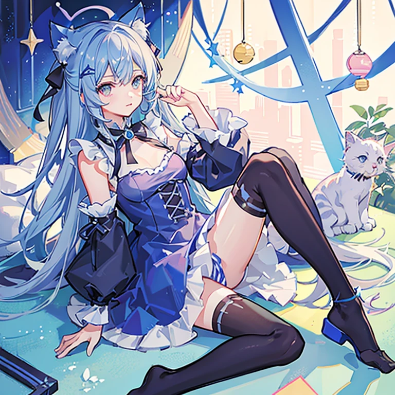 Absurd, highest quality, One girl, alone, Oh Cat, Blue Theme, Cat ear, Blue clothes, Sleeveless dress, Pink Ribbon, Big ribbon, Striped knee socks, Removable sleeves, collar, Jingle bell, wariza, Touching the floor, paw shoes,