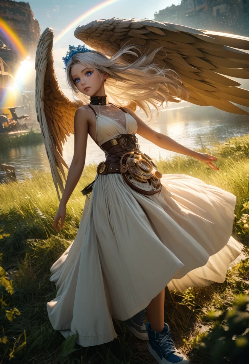 anime, girl with long white hair, blue eyes, very light skin color, blue tiara on her head, angel wings, golden neon effects coming out of the wings, short white dress that is a little sensual, yellow neon details on the dress, steampunk, blue sneakers, it's on the edge of a river with a flowery green field in the background, rainbow in the background of the image, celestial scenery, epic photo, photorealistic, 8k, ultra hd, in focus, hyperdetailed, hyperrealism, unreal engine, beautiful, focus sharp, perfect face, high definition, surrealism, intricate details in 8k ultra realism, divine proportions, fantastic sharp focus, super clarity, incredibly detailed, perfect lighting, dynamic light and shadow, complex pose, perfect body, perfect hands, perfect eyes