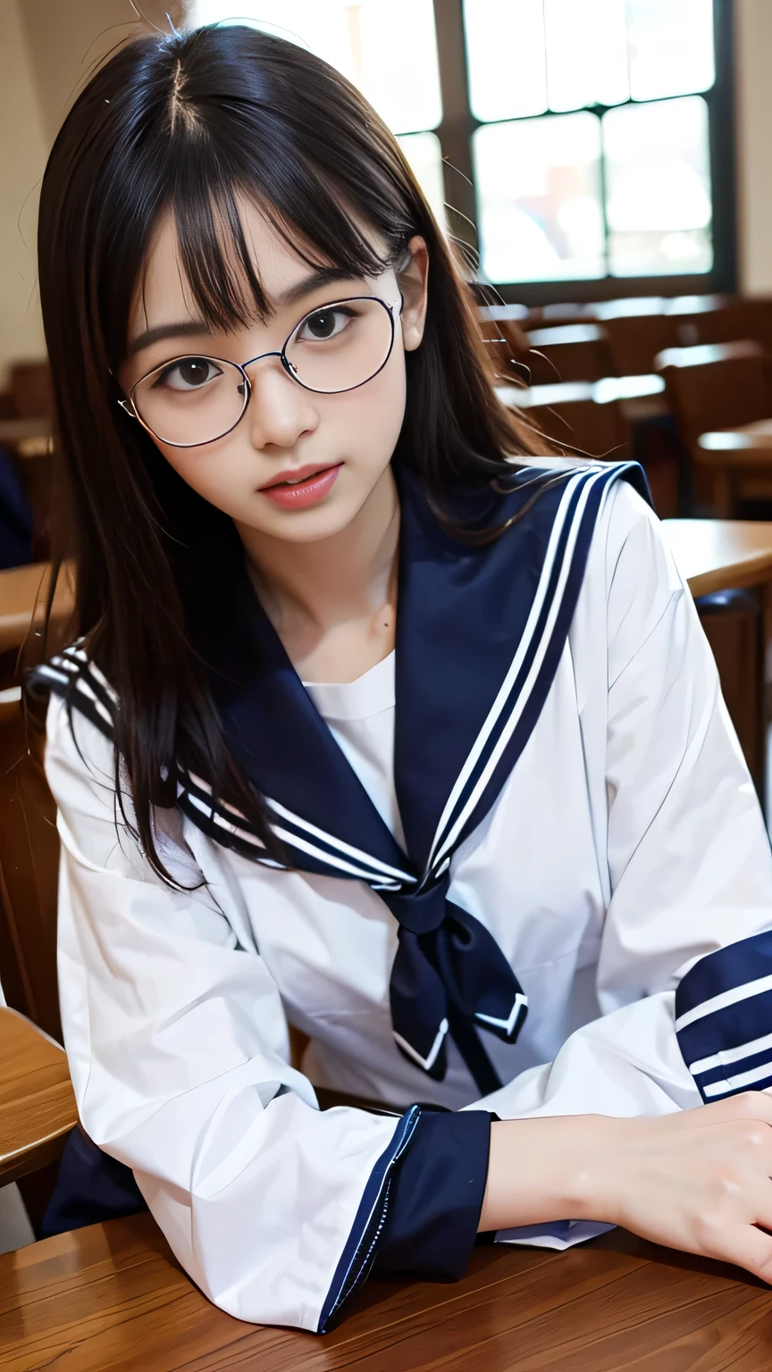 (Tabletop, highest quality:1.2), 8k, Official Art, RAW Photos,Glasses、Lesbian、2 female students、kiss  (whole body, Sailor suit,:1.4), beautiful girl, Idol&#39;Face, Pleated skirt, ,  Big Breasts　Short sleeve,  Cinema Lighting, Detailed face, Background Blur, 1 girl,((Spread your legs out to the side:1.8))