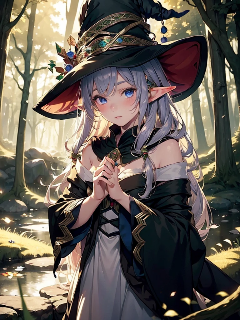 (masterpiece:1.2),(Elf girl in witch hat:1.2),Mysteriously Glowing Forest, (Highly detailed elegant), Magical colors and atmosphere, Detailed skin,The background is soft and blurry,Add a dramatic and symbolic element to your scene, Written boundary depth, Bokeh, Silky to the touch, Long blonde hair, Intense blue eyes