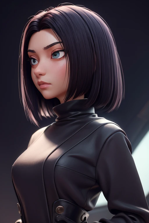 Como personaje de dibujos animados femenino, traje negro, sudadera, cabello negro con reflejos verde claro, cabello corto, manos perfectas, Ojos grandes perfectos, mirando al espectador, grave, piel brillante, escena limpia, fondo gris, bokeh, kkw-ph1,