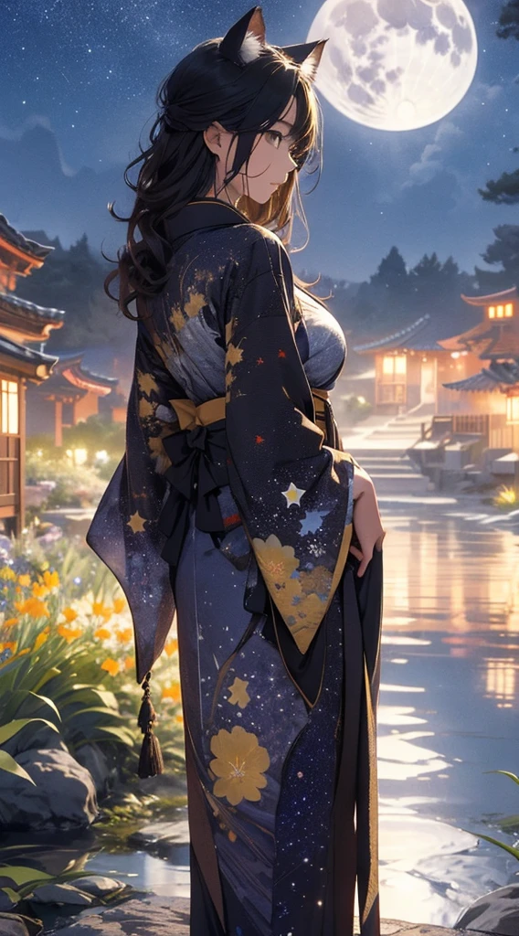 masterpiece, high quality, 4K, Beautiful design, Back view,silhouette, 非常に詳細な夜のStarry Sky,Flower Field, wonderful, Finer details, Very knowledgeable woman, Highly detailed solo, 1 female,Cat ear,Big Breasts,kimono,Night view,Starry Sky,full moon,