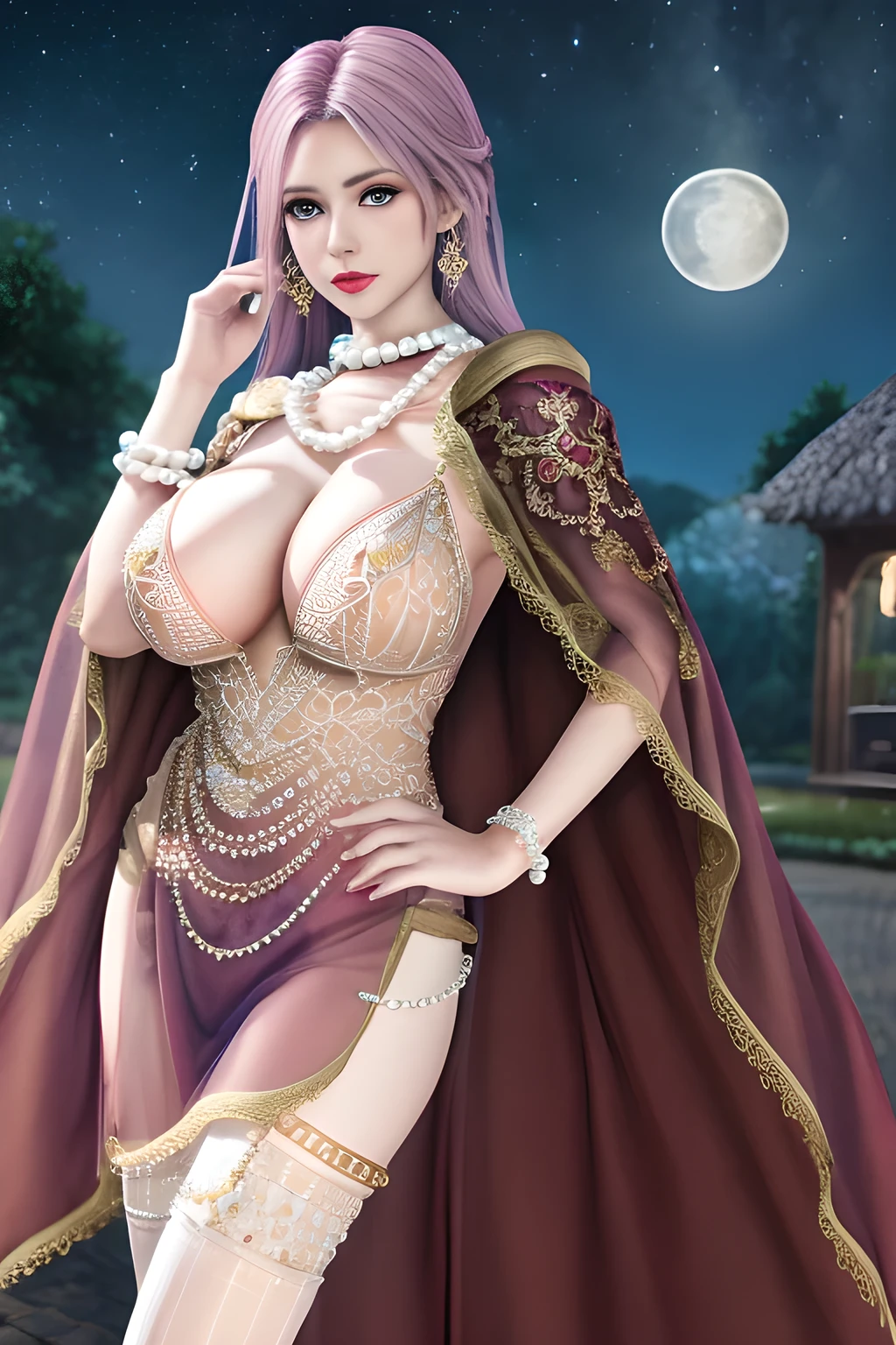 1 girl,(Wearing Ice-crystal embellished dress:1.2) ,(Wearing Jewel:1.2) ,( lace_cloak:1.3),(Fluffs ),(pearl bodychain:1.3),mesh pantyhose,outdoor,elegant,nighttime,moonlighe,shiny skin,( huge breasts), lip gloss,tattoos, masterpiece, best quality, realistic ,Surrealism,natural colors art in 8k,soft shadows,High-definition RAW color photos professional portrait photos,solo,  elise,