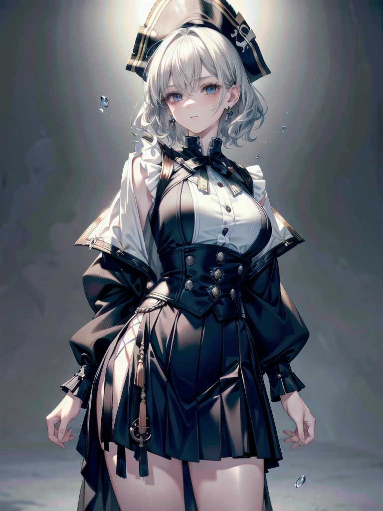 absurdres, RAW photo, extremely delicate and beautiful, masterpiece, Best Quality, ultra high resolution, 32k, hyperrealistic, ultra-detailed, detailed description, pale skin, 20 years old, tearful mole, earring, Colossal tits, short medium hair, wavy hair, cowboy shot, Practical pirate clothing, Long-sleeved pirate top, Skirt,