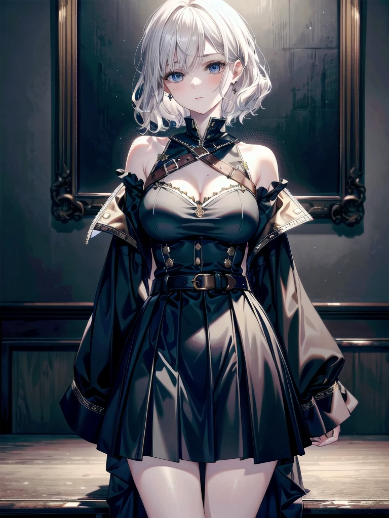 absurdres, RAW photo, extremely delicate and beautiful, masterpiece, Best Quality, ultra high resolution, 32k, hyperrealistic, ultra-detailed, detailed description, pale skin, 20 years old, tearful mole, earring, Colossal tits, short medium hair, wavy hair, cowboy shot, Practical pirate clothing, Long-sleeved pirate top, Skirt,