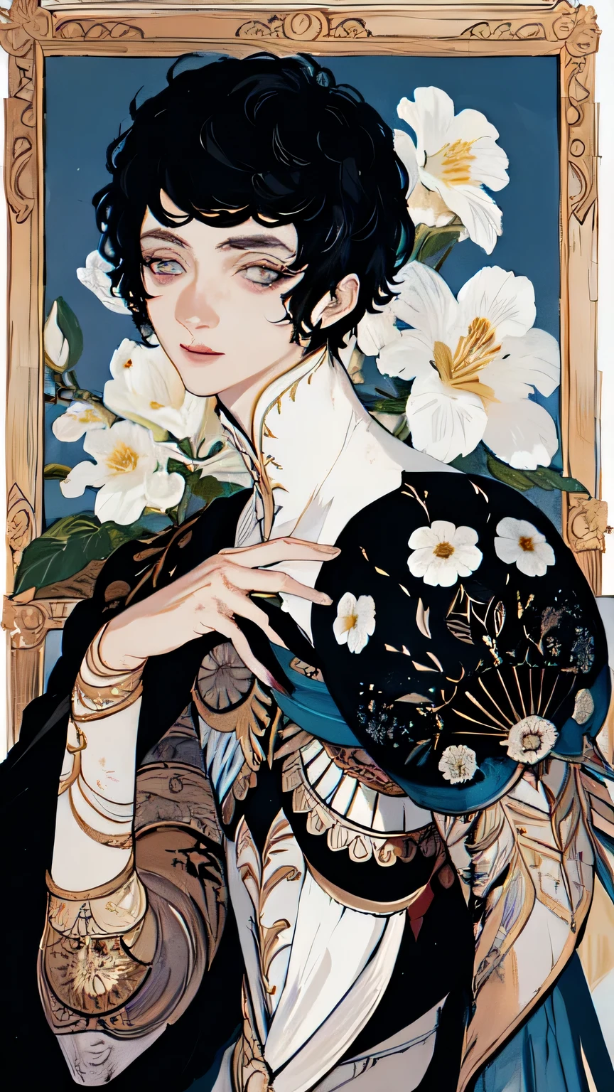 masterpiece, highest quality, One boy,flower,Skeleton,Black Hair