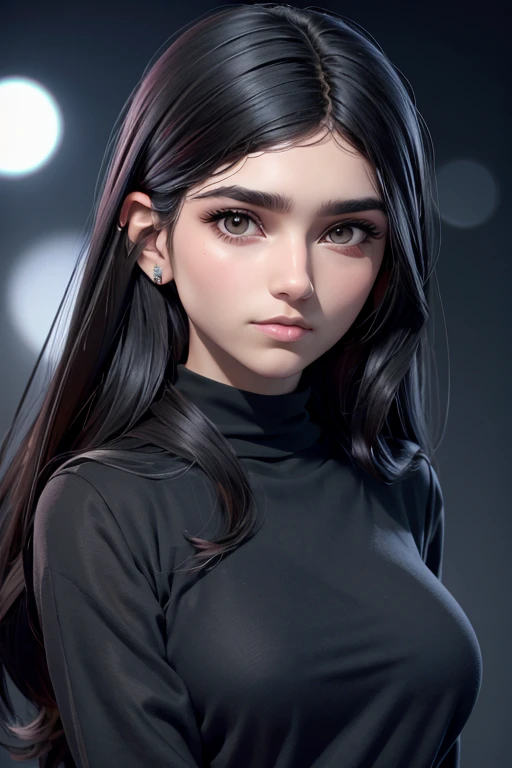 Como personaje de dibujos animados femenino, traje negro, sudadera, cabello negro con reflejos verde claro, cabello corto, manos perfectas, Ojos grandes perfectos, mirando al espectador, grave, piel brillante, escena limpia, fondo gris, bokeh, kkw-ph1,