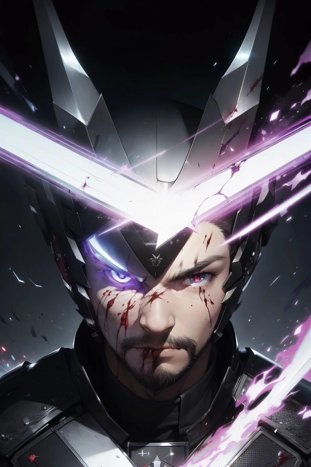 (mastersphere: 1.5), (max resolution: 2.1), (Ultra HDTV: 2.0), cinematic light, 16K resolution, Detailed facial features, intricately designed samurai armor, multiple layers from different colors, sharp Contrasts, (Sharp Focus: 1.5), (Focus on Face: 1.5), Badass expression, stern gaze, scruffy beard, defined muscles, (Glowing eyes: 1.3), Smoke trails behind, battle-worn appearance, (Realistic blood effects: 1.4), Battlefield in the background, swords clashing, (Detailed sword