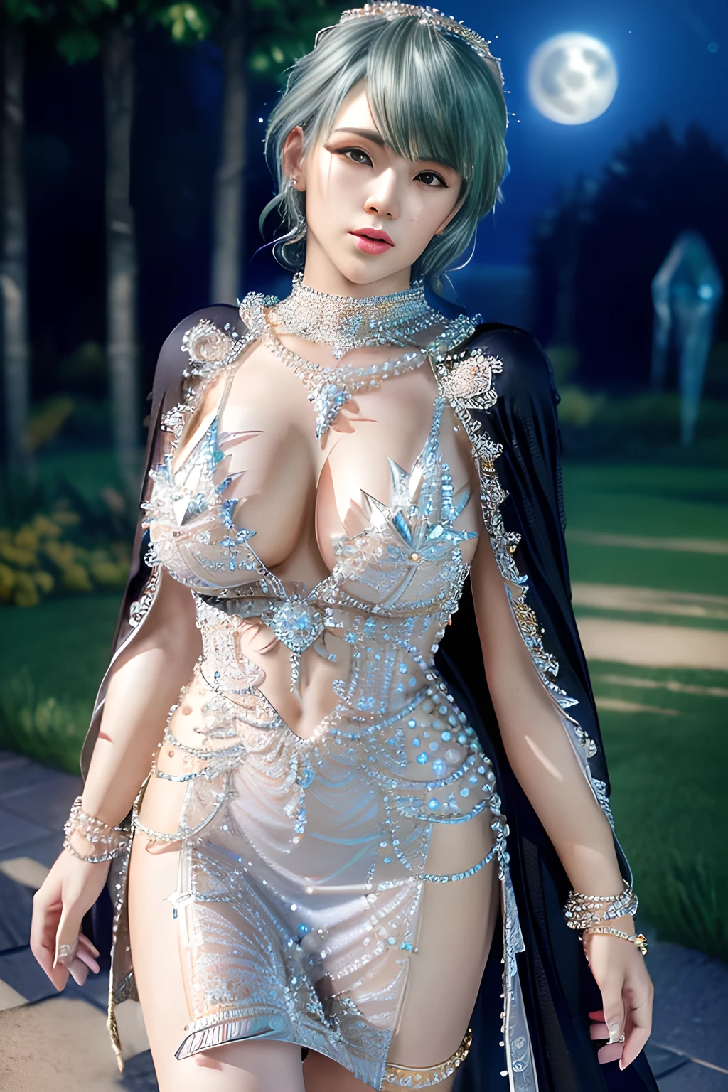 1 girl,((Wearing Ice-crystal embellished dress:1.5),(Wearing Jewel:1.2) ,( lace_cloak:1.3),(Fluffs :1.4),(pearl bodychain:1.3),garden,nighttime,moon,( huge breasts ),cleavage,shiny skin,lip gloss,tattoos, masterpiece, best quality, realistic ,Surrealism,Rich artistic colors,natural colors art in 8k,3D,Portrait art,solo, tamaki