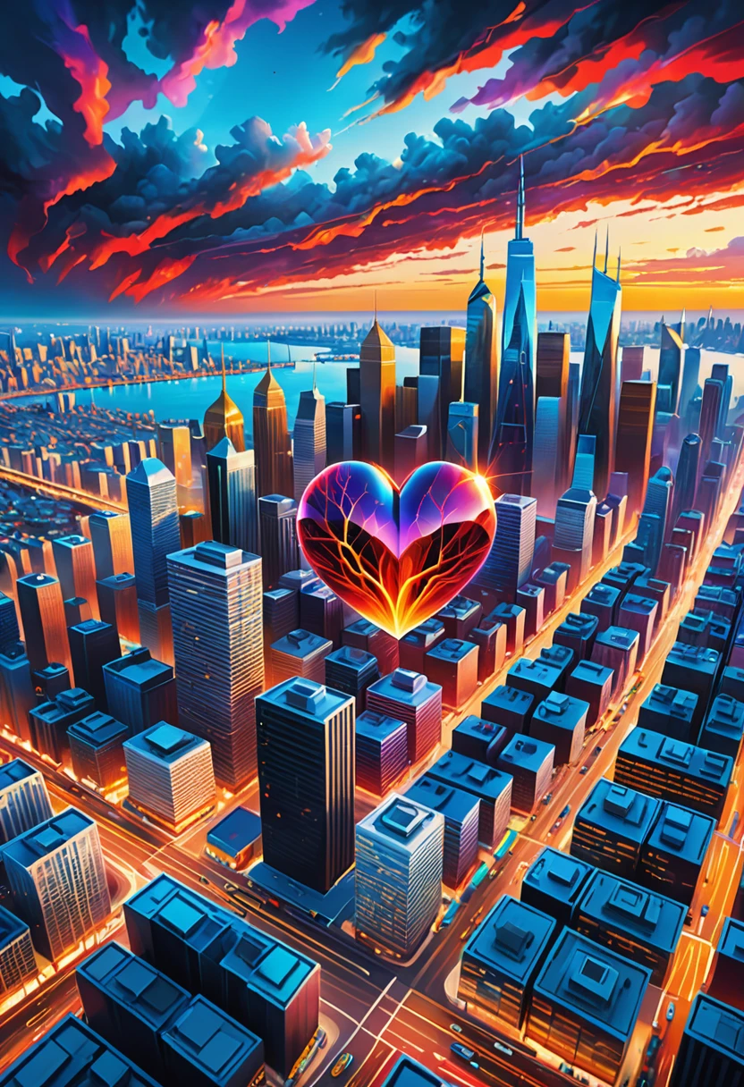 /imagine prompt: A dynamic scene of a heart pulsing vividly in the center, symbolizing the 'heartbeat of society'. Around it, a bustling cityscape transforms, shifting from grey monotony to colorful vibrancy. Created Using: digital painting, vibrant colors, detailed city elements, transformative visuals, symbolic heart imagery, deep shadows, bright highlights, photorealistic style, hd quality, natural look --ar 16:9 --v 6.0