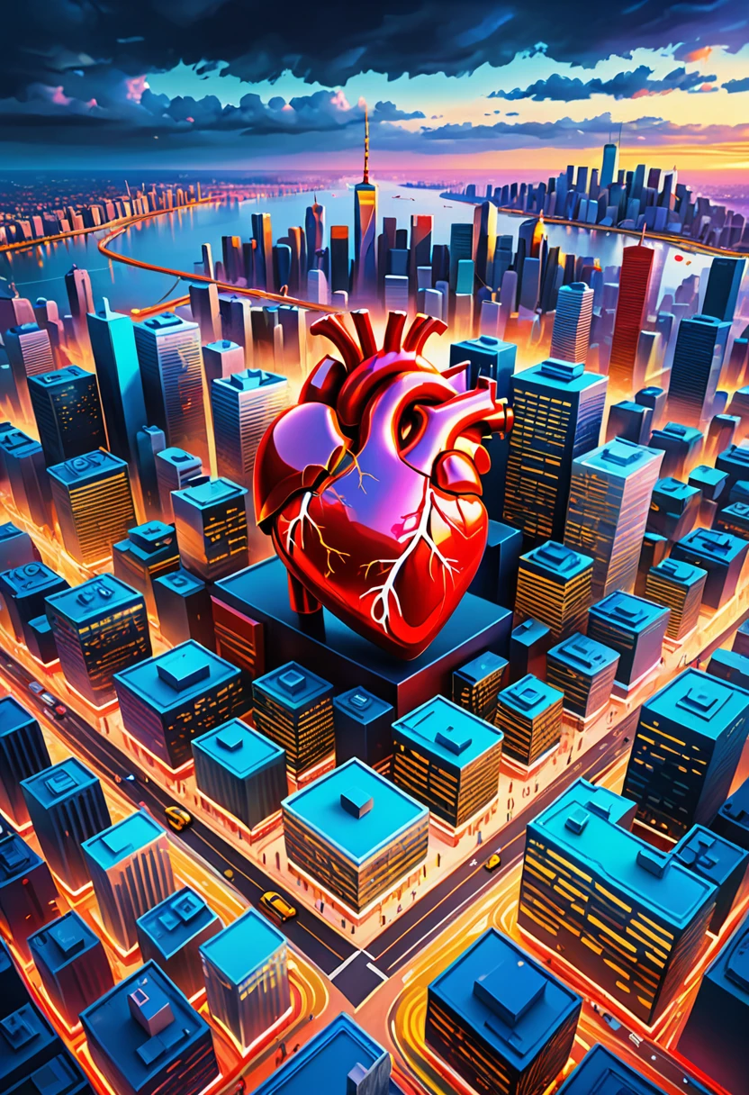 /imagine prompt: A dynamic scene of a heart pulsing vividly in the center, symbolizing the 'heartbeat of society'. Around it, a bustling cityscape transforms, shifting from grey monotony to colorful vibrancy. Created Using: digital painting, vibrant colors, detailed city elements, transformative visuals, symbolic heart imagery, deep shadows, bright highlights, photorealistic style, hd quality, natural look --ar 16:9 --v 6.0