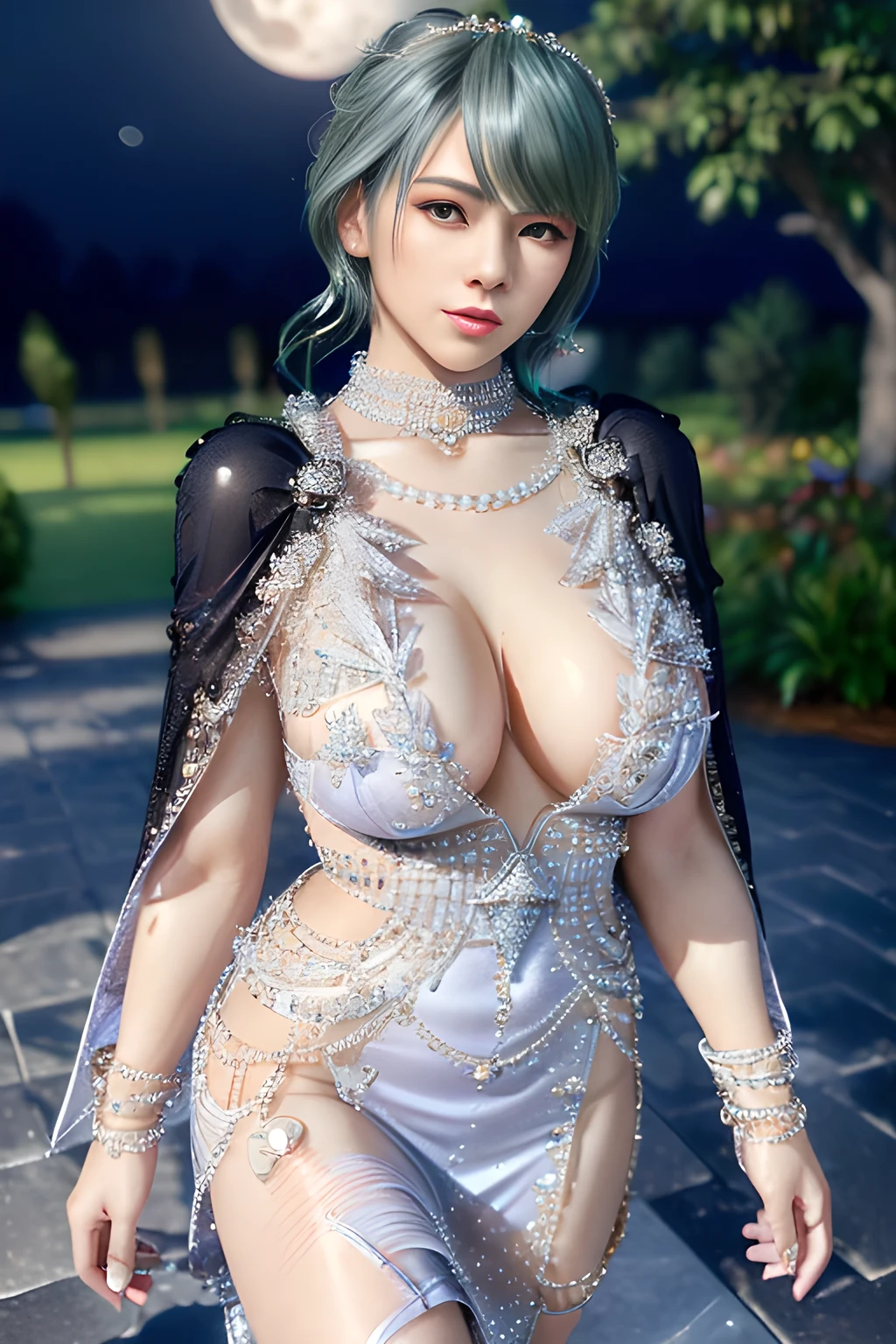 1 girl,((Wearing Ice-crystal embellished dress:1.5),(Wearing Jewel:1.2) ,( lace_cloak:1.3),(Fluffs :1.4),(pearl bodychain:1.3),garden,nighttime,moon,( huge breasts ),cleavage,shiny skin,lip gloss,tattoos, masterpiece, best quality, realistic ,Surrealism,Rich artistic colors,natural colors art in 8k,3D,Portrait art,solo, tamaki