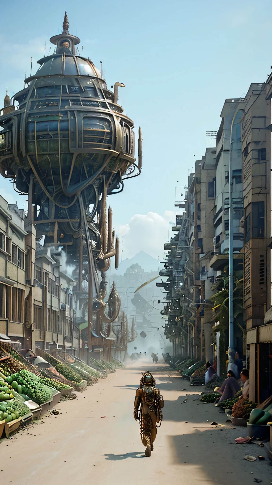 ((retro futuristic town)), ((steampunk)), ((seedy people passing by)), ((tradisional vegetable market)), busy citizens, aliens and citizens wearing seedy fashion life together, dirty town, indonesians, bronze mechanical elements, hyper realistic, insane detail.