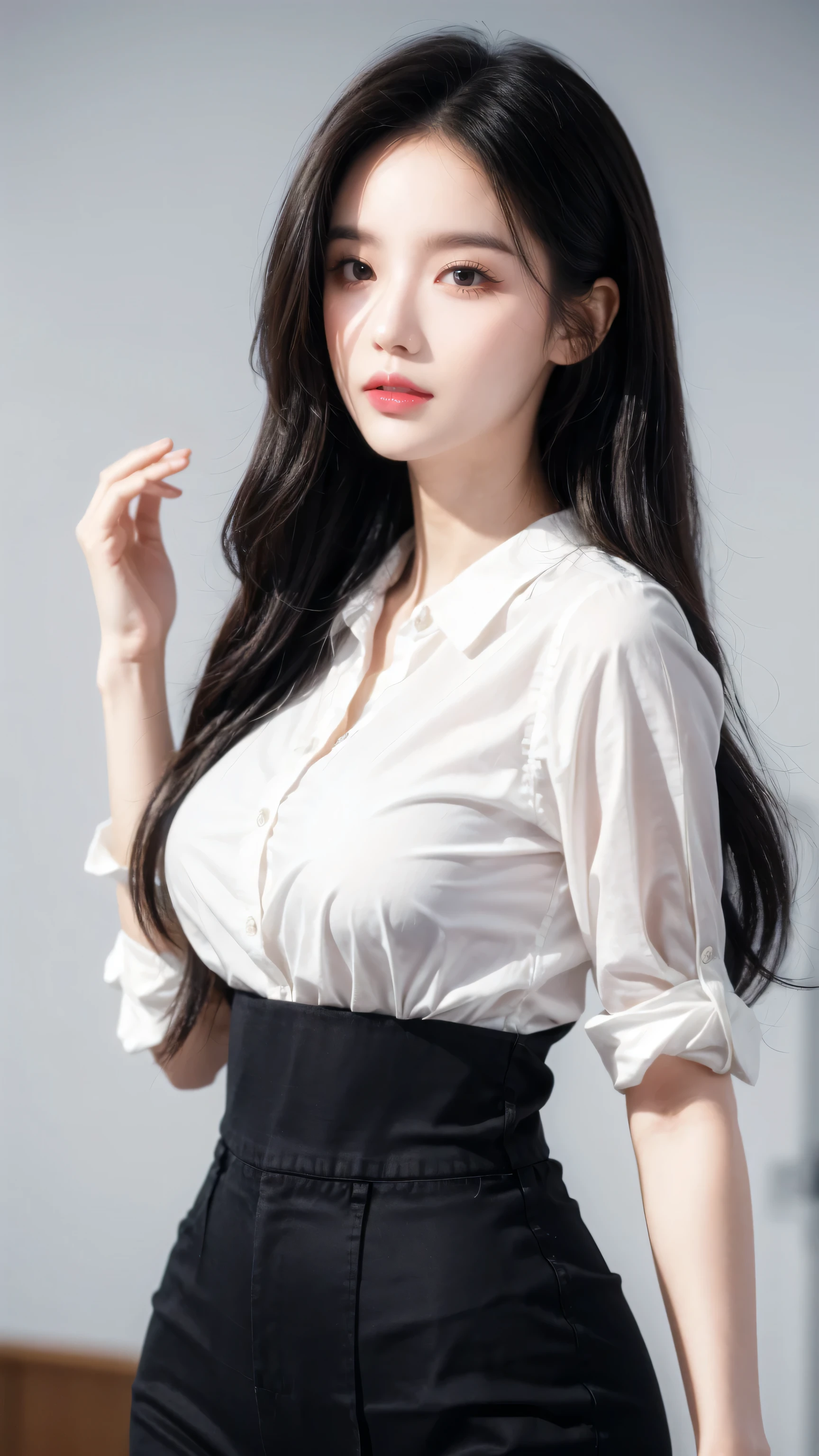 This beautiful teacher is wearing a simple and elegant white shirt,With black slim trousers, Showing off her tall figure and graceful curves. Her long hair, Slightly curled, Exudes a light fragrance. Her facial features are delicate, Her eyes are bright and lively, Her eyebrows are long and natural., Her lips are rosy and sexy, Her face is round and smooth.