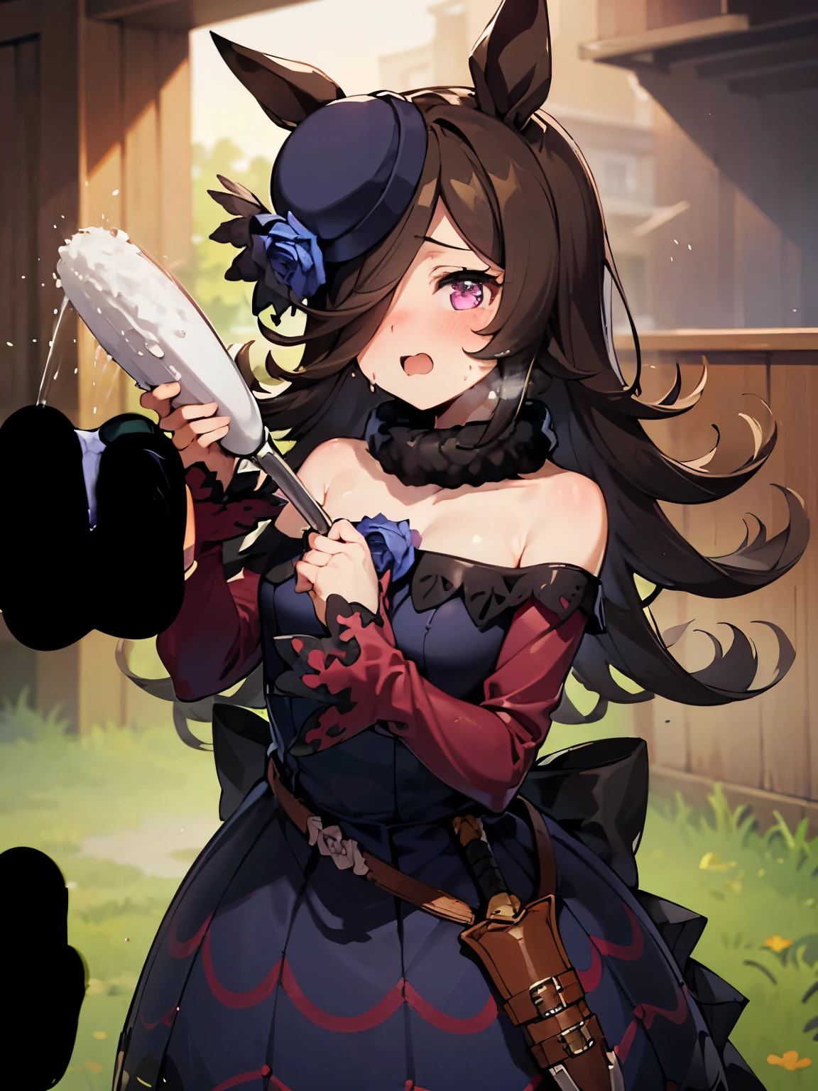 NSFW,rice shower \(umamusume\),(Perfect hands),(Perfect Anatomy),(masterpiece),(highest quality),Embarrassed,blush,Black Dress