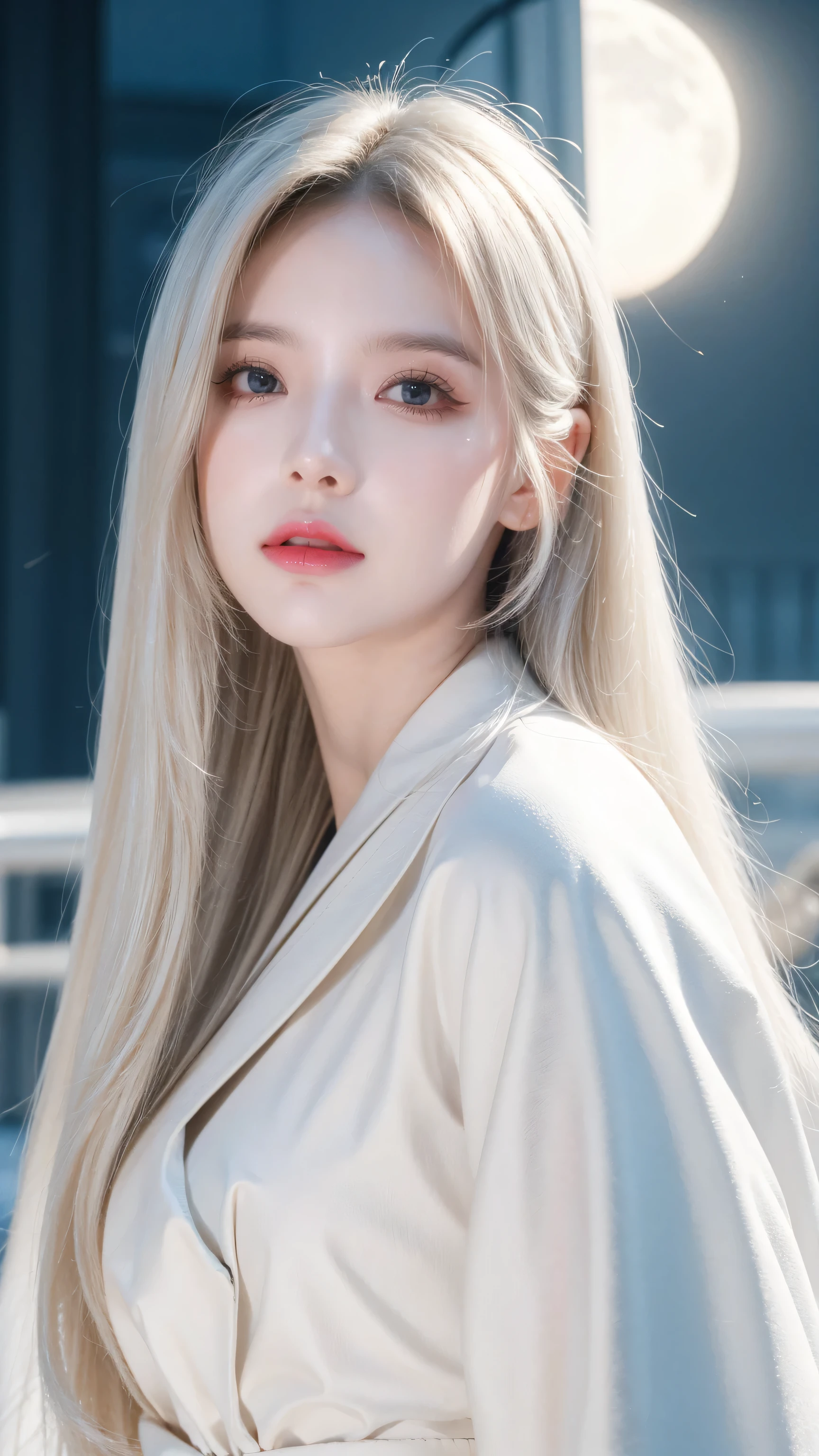 masterpiece, best quality, (Solitary focus), (Perfect face:1.1), (High Detail:1.1), (Extremely detailed eyes), dramatic, 1 person, (Pale skin), Long white hair, Ethereal eyes, (light eyebrows), Solitary, Long hair, Thiago Azevedo, moon, night, White luxury suit, Pursed lips, fur, A proud expression,beach, Detailed background, artgerm, Movie Lighting, Rose, Fashion, Balenciaga style