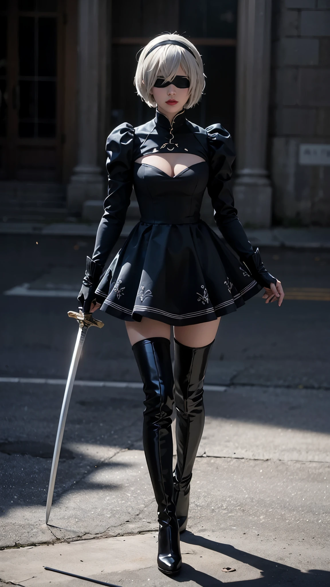 2B, 1girl, solo, short hair, thighhighs, gloves, long sleeves, dress, holding, cleavage, medium breasts, standing, full body, weapon, white hair, hairband, boots, puffy sleeves, sword, black thighhighs, black footwear, holding weapon, mole, black dress, high heels, leotard, clothing cutout, thigh boots, holding sword, cleavage cutout, katana, black hairband, juliet sleeves, mole under mouth, facing viewer, high heel boots, blindfold, covered eyes, black blindfold, feather-trimmed sleeves, masterpiece, 