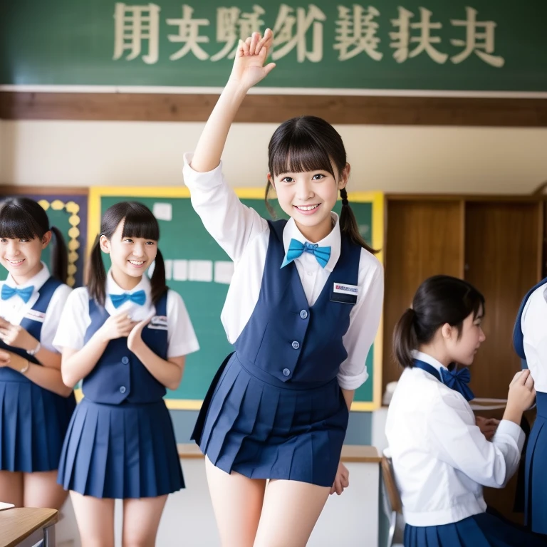 Girls standing in a school classroom, With blue bow tie,18-year-old,bangs,Smile a little,Thighs,knees,Shortcuts,Low Ponytail,From below