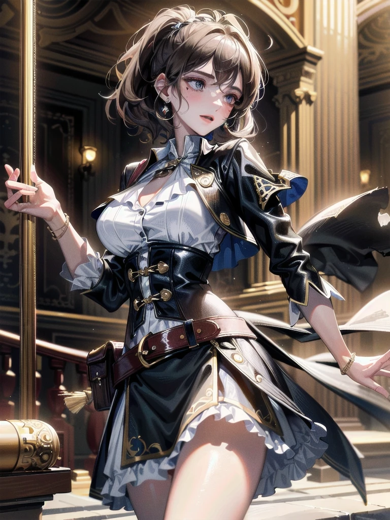 absurdres, RAW photo, extremely delicate and beautiful, masterpiece, Best Quality, ultra high resolution, 32k, hyperrealistic, ultra-detailed, detailed description, pale skin, 20 years old, tearful mole, earring, Colossal tits, short medium hair, wavy hair, cowboy shot, Practical pirate clothing, Long-sleeved pirate top, Skirt,