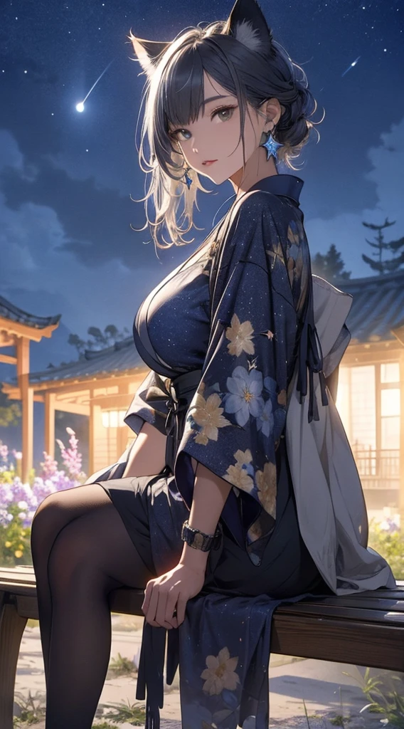 masterpiece, high quality, 4K, Beautiful design, silhouette，Gray Hair， 非常に詳細な夜のStarry Sky,Sitting on a bench in a flower field， wonderful, Finer details,  Very knowledgeable woman, Highly detailed solo, 1 female,Cat ear，Big Breasts，kimono，Night view，Starry Sky，full moon，