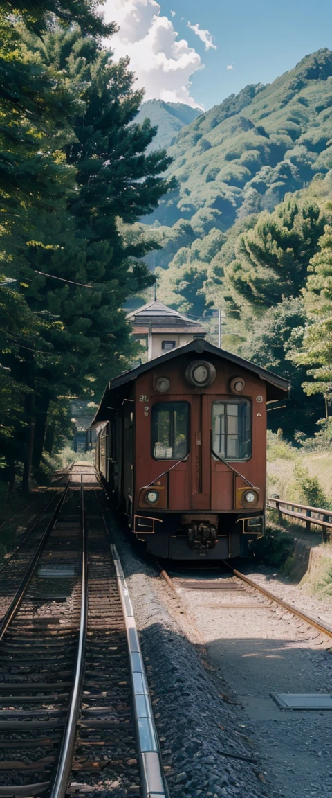 ((masterpiece, highest quality, Highest image quality, High resolution, photorealistic, Raw photo, 8K)), Train coming into the station, train in the background, [ graphic photo ], Karuizawa, train, portrait! outdoor, museum, viewpoint photo, exhibition, small station in the countryside of Japan, travel, train, iphone photo, very real, outdoor photo,