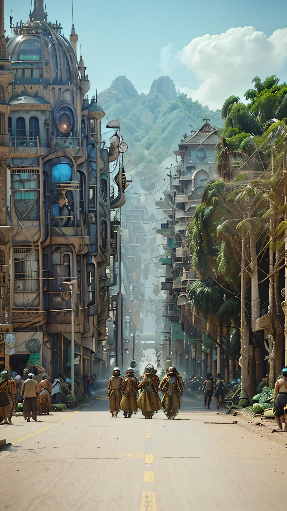 ((retro futuristic town)), ((steampunk)), ((seedy people passing by)), ((tradisional vegetable market)), busy citizens, aliens and citizens wearing seedy fashion life together, dirty town, indonesians, bronze mechanical elements, hyper realistic, insane detail.