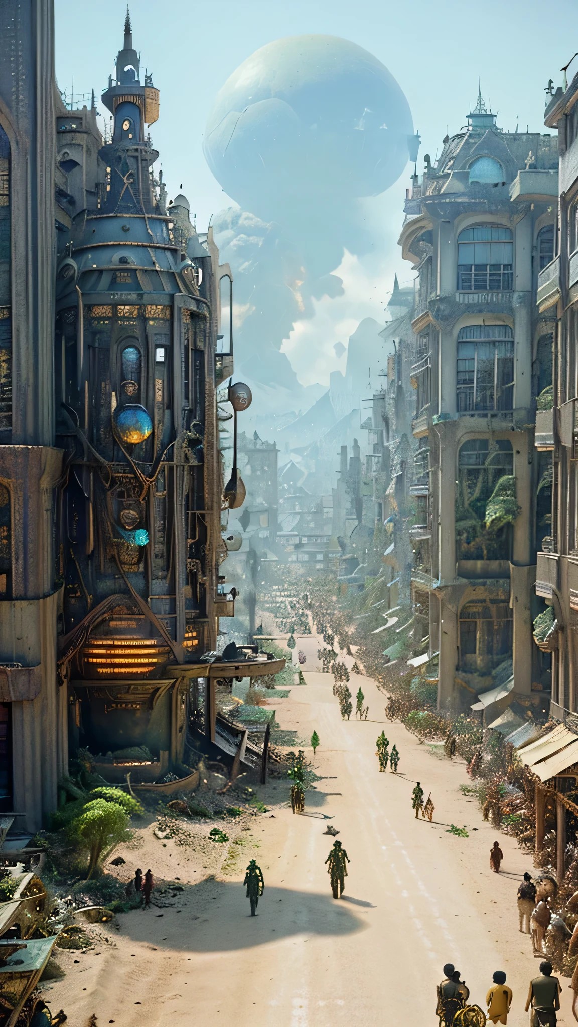 ((retro futuristic town)), ((steampunk)), ((seedy people passing by)), ((tradisional vegetable market)), busy citizens, aliens and citizens wearing seedy fashion life together, dirty town, indonesians, bronze mechanical elements, hyper realistic, insane detail.