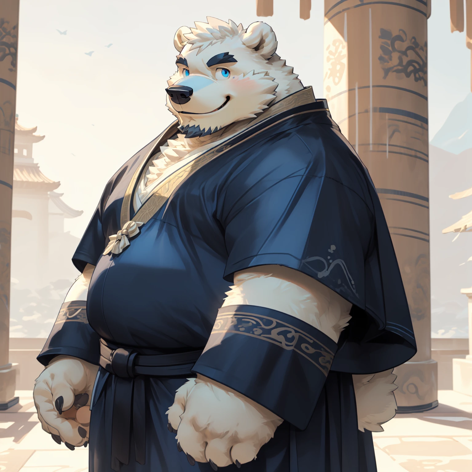 New Jersey 5 Furry，polar bear，portrait，standing solo，Exquisite， Chubby，Fat，Thick arms，Rugged muscles，White plush fur，Chubby脸，Black eyebrows，Sky blue eyes，Beard，Wang fu，palace，Samurai costume，Smile