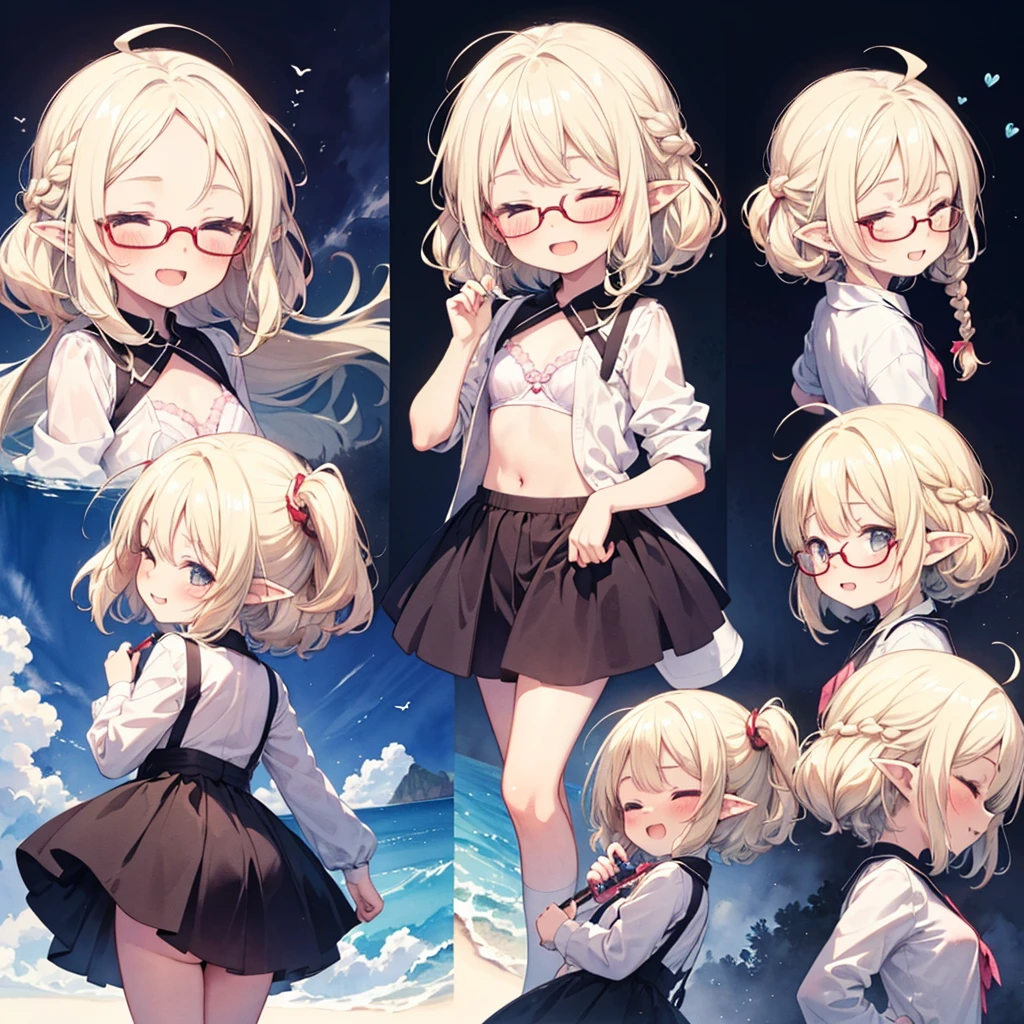 ((multiple views)), ((watercolor)), ((****:1.5)), baby face, solo, smile eyes, closed eyes, glossy blonde hair, braid, ahoge, long hair, glasses, ((pointy ears)), blush, face focus, white bra and white panty, happy smile, windy, open mouth, from behind, looking back, forehead