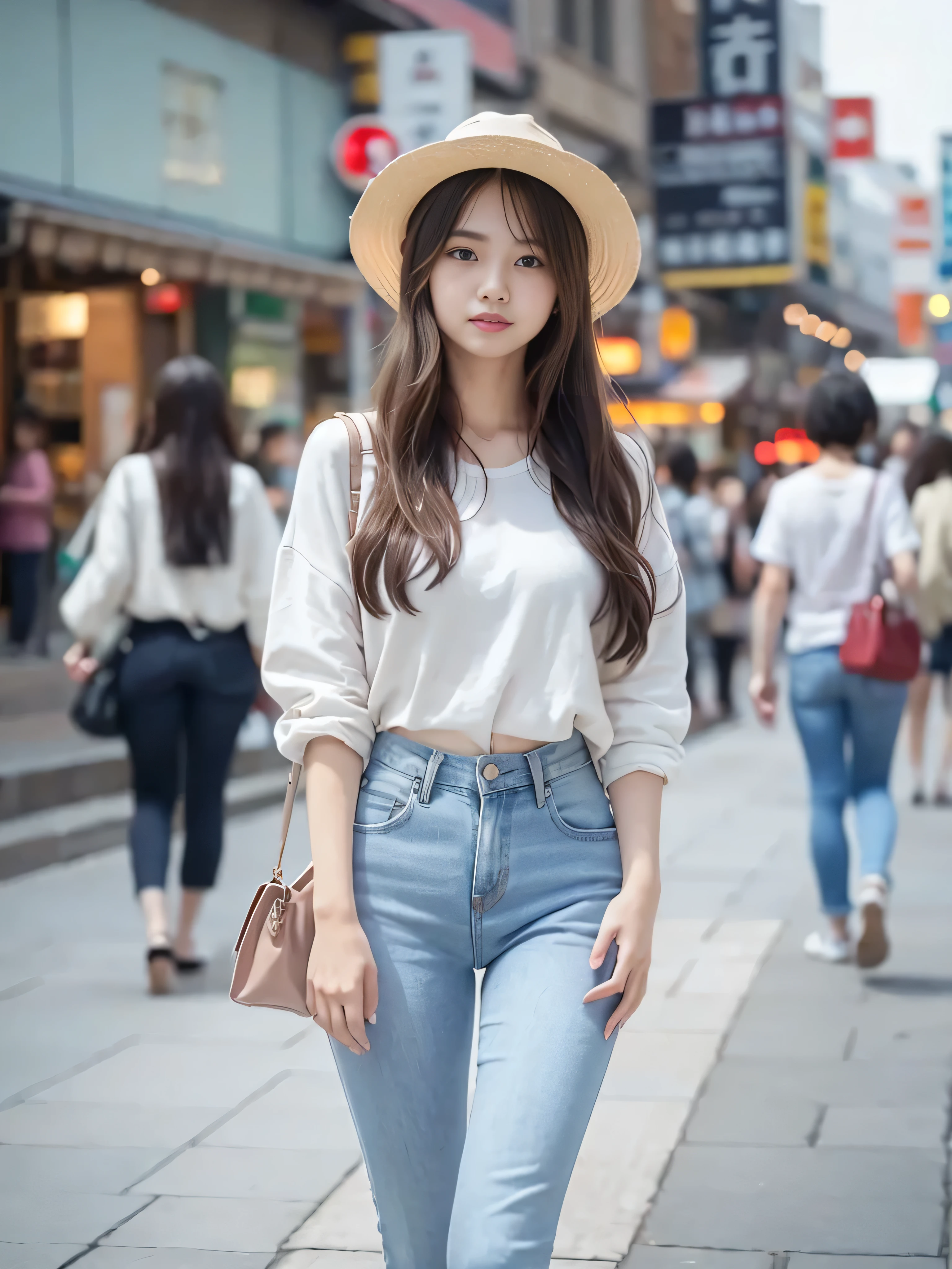 ((Realistic、highest quality、Natural light on a sunny day、Clear focus))、With a girl、Perfect figure、Narrow waist、Black Hair、Layered Cut、Pink long sleeve buttoned shirt and white tank top、High heel sandals、America's bustling city streets、Blur the background、 high school studCommuting、Luxury brand bags、(Exquisite face、Big blue eyes、double eyelid、The most beautiful woman、Exquisite face)、Sexy、smile、Hilarious、Long legs、Soft denim、Pichi Pichi Skinny、Beautiful ass、Long limbs、protruding round buttocks、walk、((White tight pants、White Denim Skinny、Low rise、Natural gait)), Cowboy Shot,