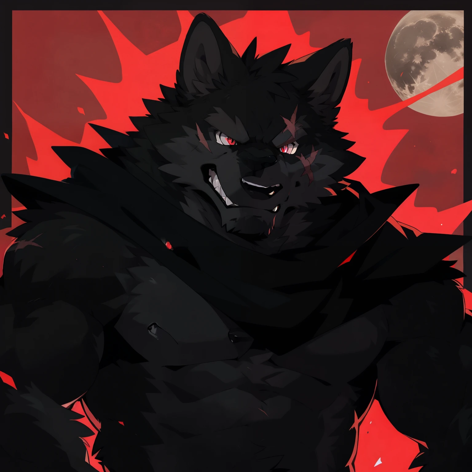 wolf face, Pure black hair, (all black fur:1.5), Topless, Black cape, (Perfect red eyes:1.4), (Full moon background), Printing style, （artist:Takemoto Arashi）, twitchemote, grin, scar, Mature face, Side of the character, Looking at the audience, Clear facial details, rape face, glint, outside border, head out of frame, head out of frame, high details