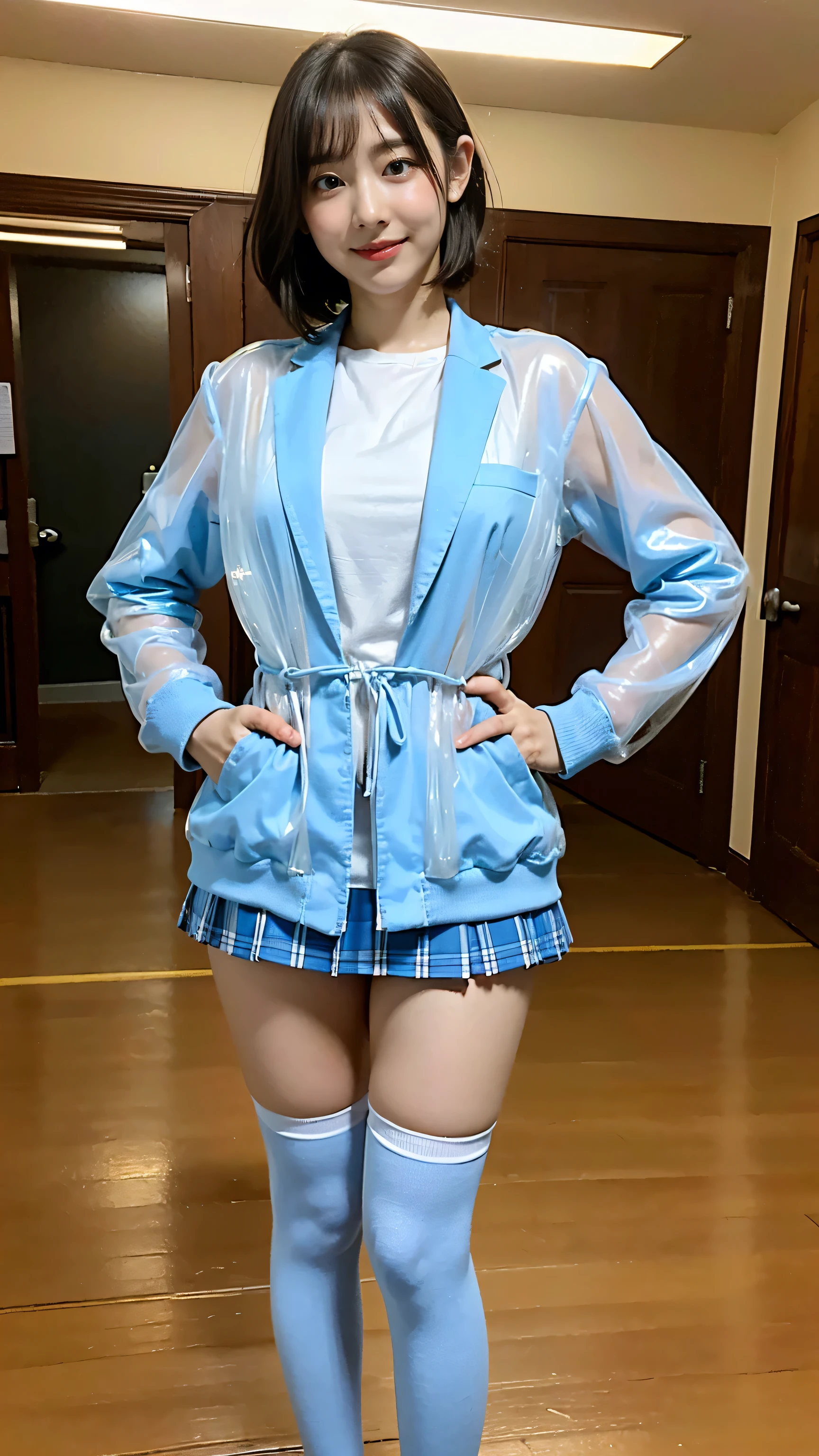 (8k、RAW Photos、highest quality、masterpiece:1.2)、(Realistic、Realistic)、1 girl、((Light blue jacket、smile、Medium Hair、mini skirt、Knee socks、See-through、Large Breasts、View from the front、Spotlight、Standing with hands on hips))、Lots of eyelashes、Glowing eyelids、skeletally correct