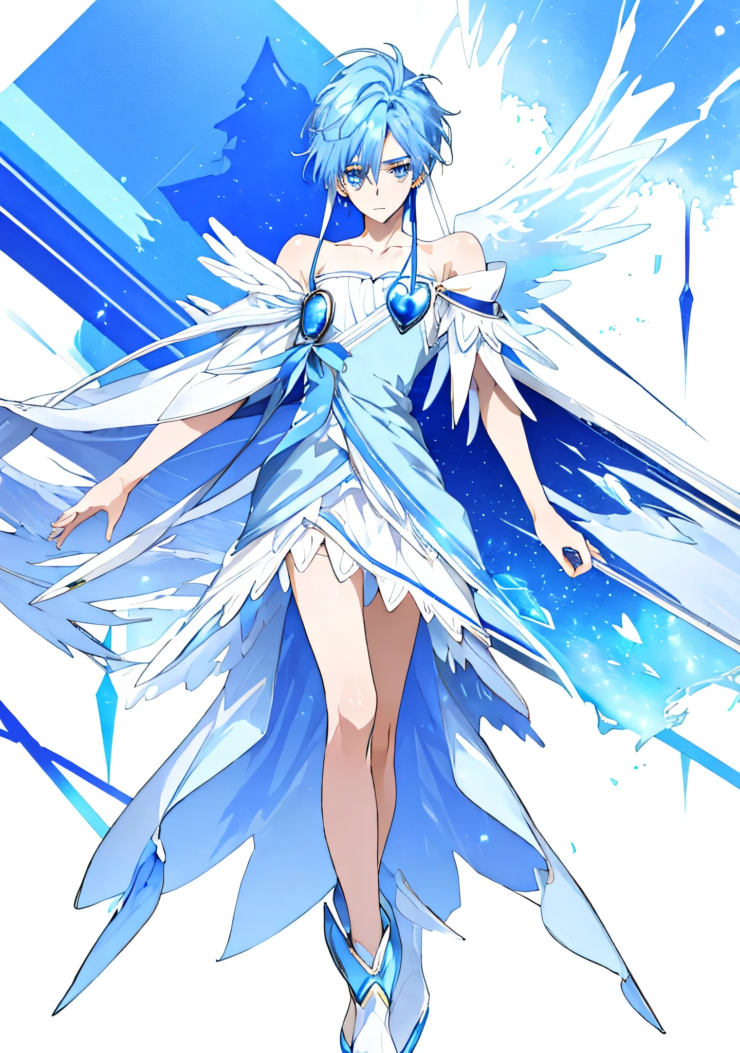 Blue haired boy cartoon character closeup、solo、portrait of Magic Boy、Boy in white and blue dress、Long legs、Heavenly Aura、ice aura、White and blue miniskirt、Bare shoulders、Bare legs、Bare thighs、White high heels、Symphogear flavor、Boy with long dark blue hair、Sapphire Prince、Official character art, style of Magic Boy、Magic Boy、Anime Boys、Official Art、High resolution、sparkling Magic Boy、With shining blue eyes、